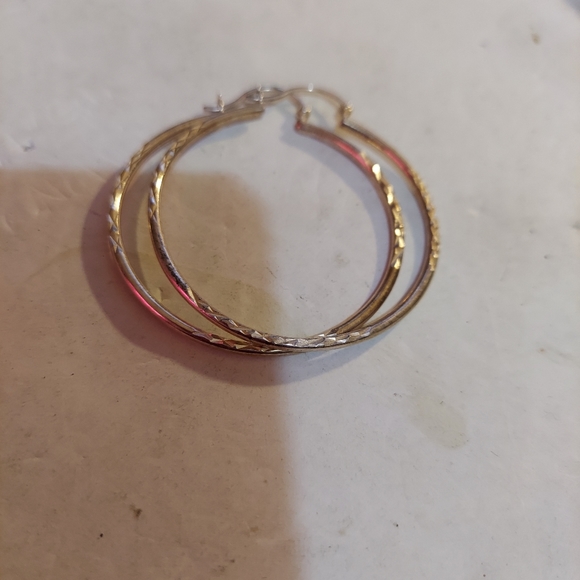 3 pair Silver tone  hoop earrings with texture. 2" dangle round - Picture 5 of 5